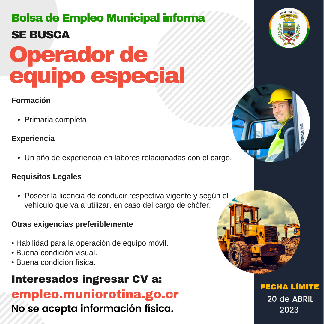 SE BUSCA OPERARIO DE EQUIPO ESPECIAL
